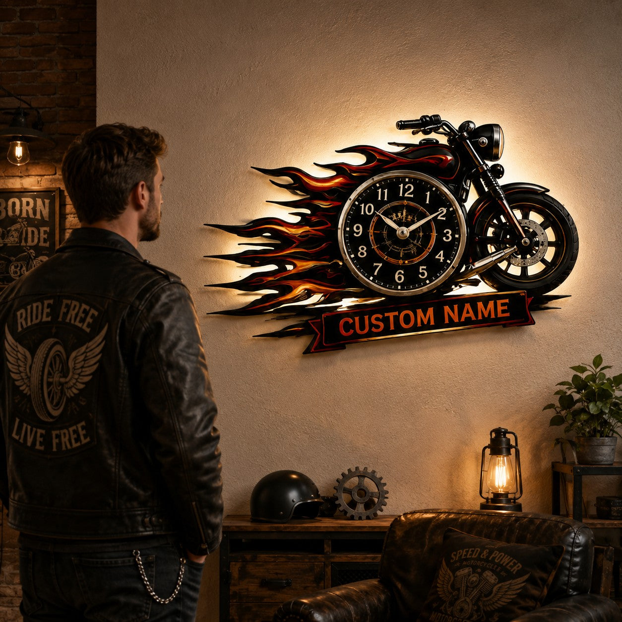 Personalized Flame Motorcycle Wall Clock, Custom Name Gift for Bikers — personalized with a custom name