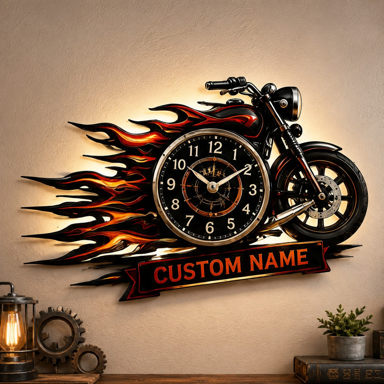 Personalized Flame Motorcycle Wall Clock, Custom Name Gift for Bikers — personalized with a custom name