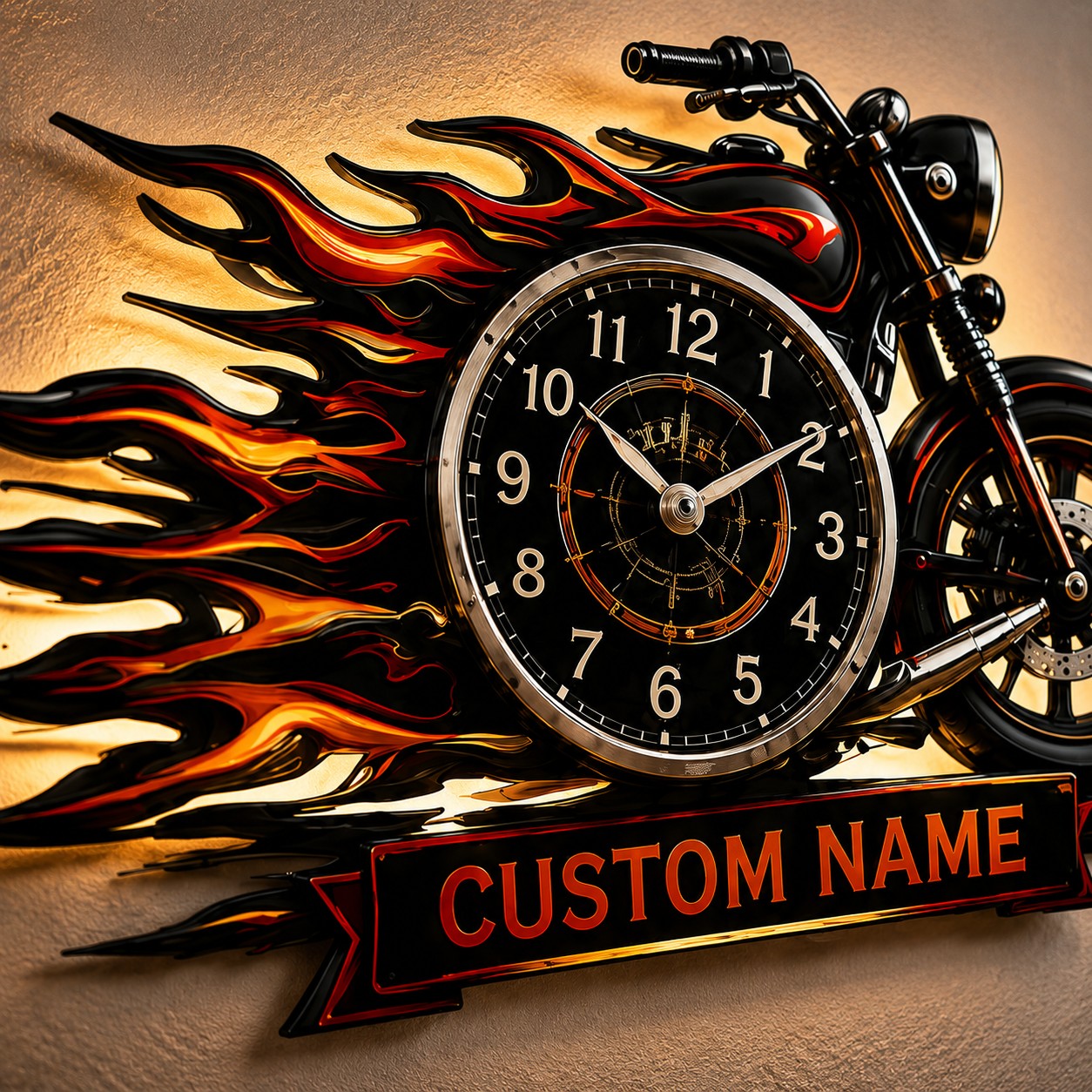Personalized Flame Motorcycle Wall Clock, Custom Name Gift for Bikers — personalized with a custom name
