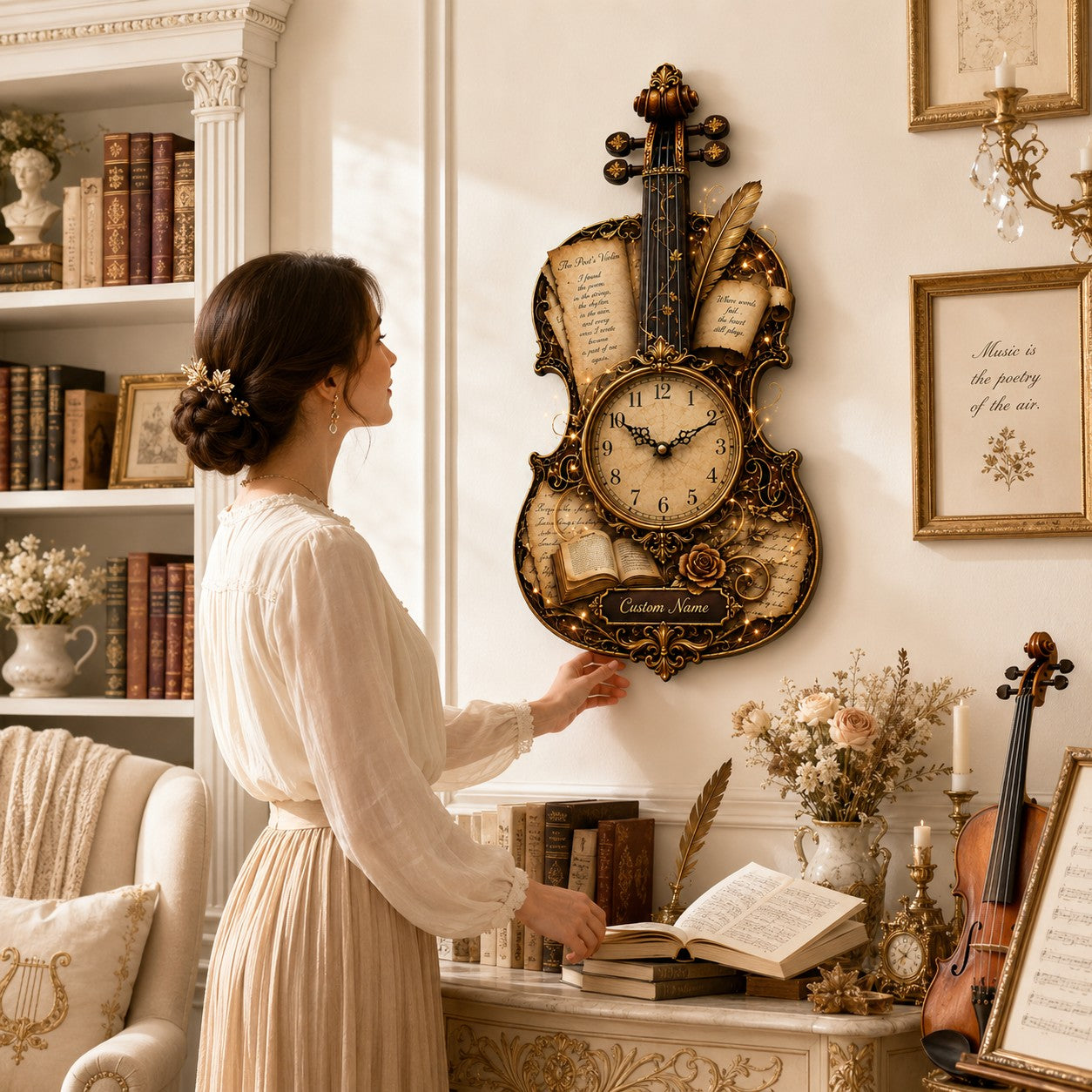 Personalized Poetry Violin Wall Clock, Custom Name Gift for Violinists — personalized with a custom name