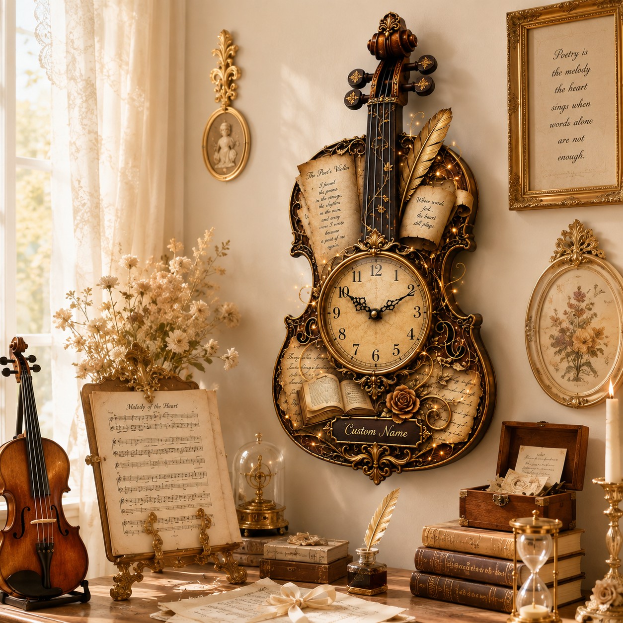 Personalized Poetry Violin Wall Clock, Custom Name Gift for Violinists — personalized with a custom name