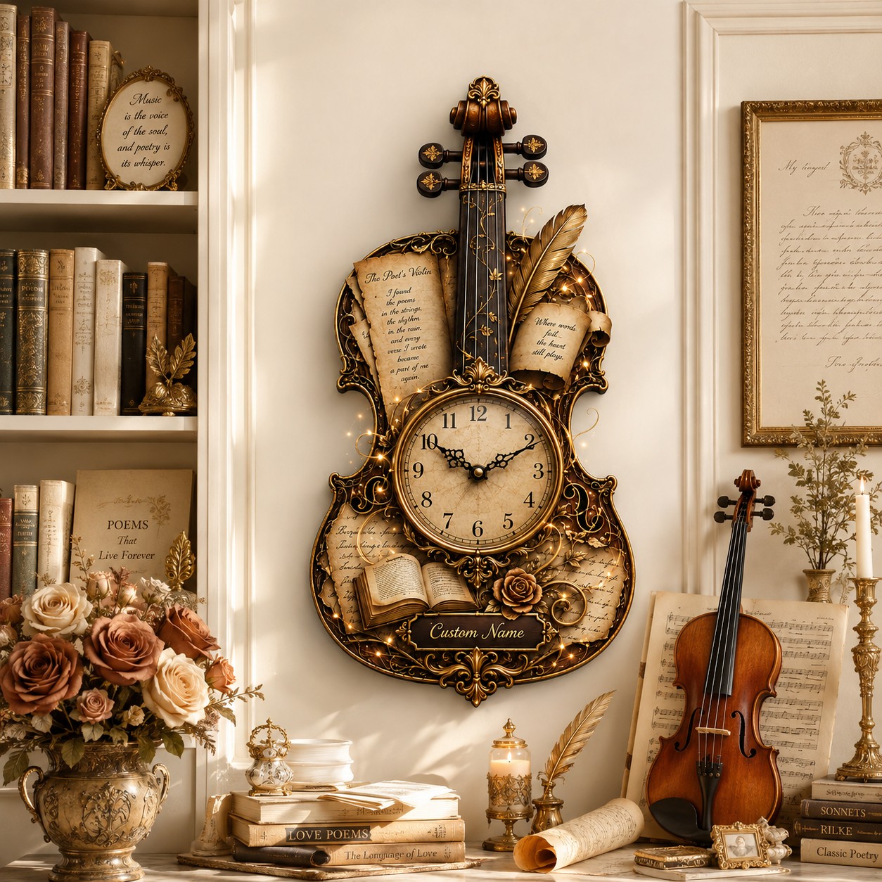 Personalized Poetry Violin Wall Clock, Custom Name Gift for Violinists — personalized with a custom name