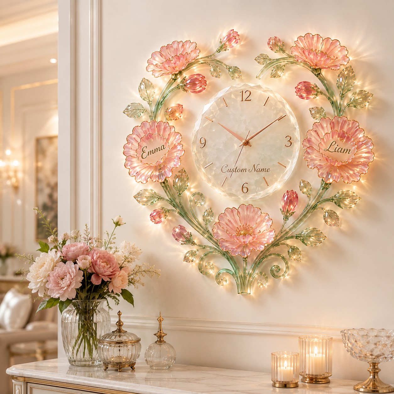 Personalized Crystal Flower Wall Clock with Custom Name — personalized with a custom name