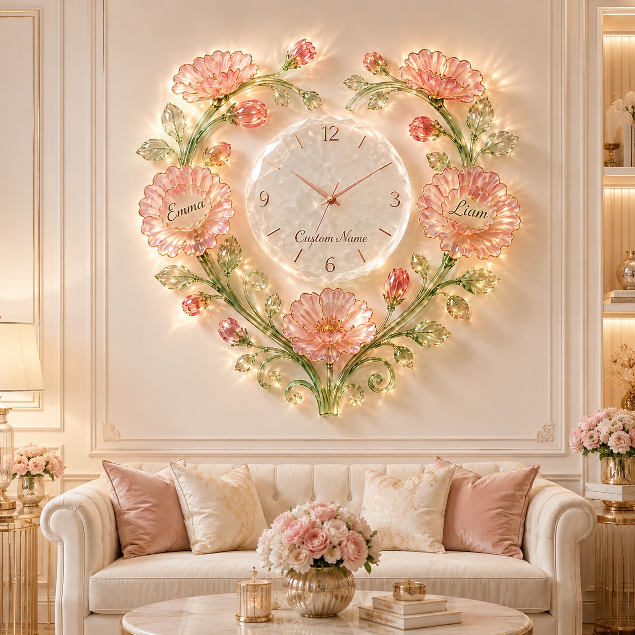 Personalized Crystal Flower Wall Clock with Custom Name — personalized with a custom name