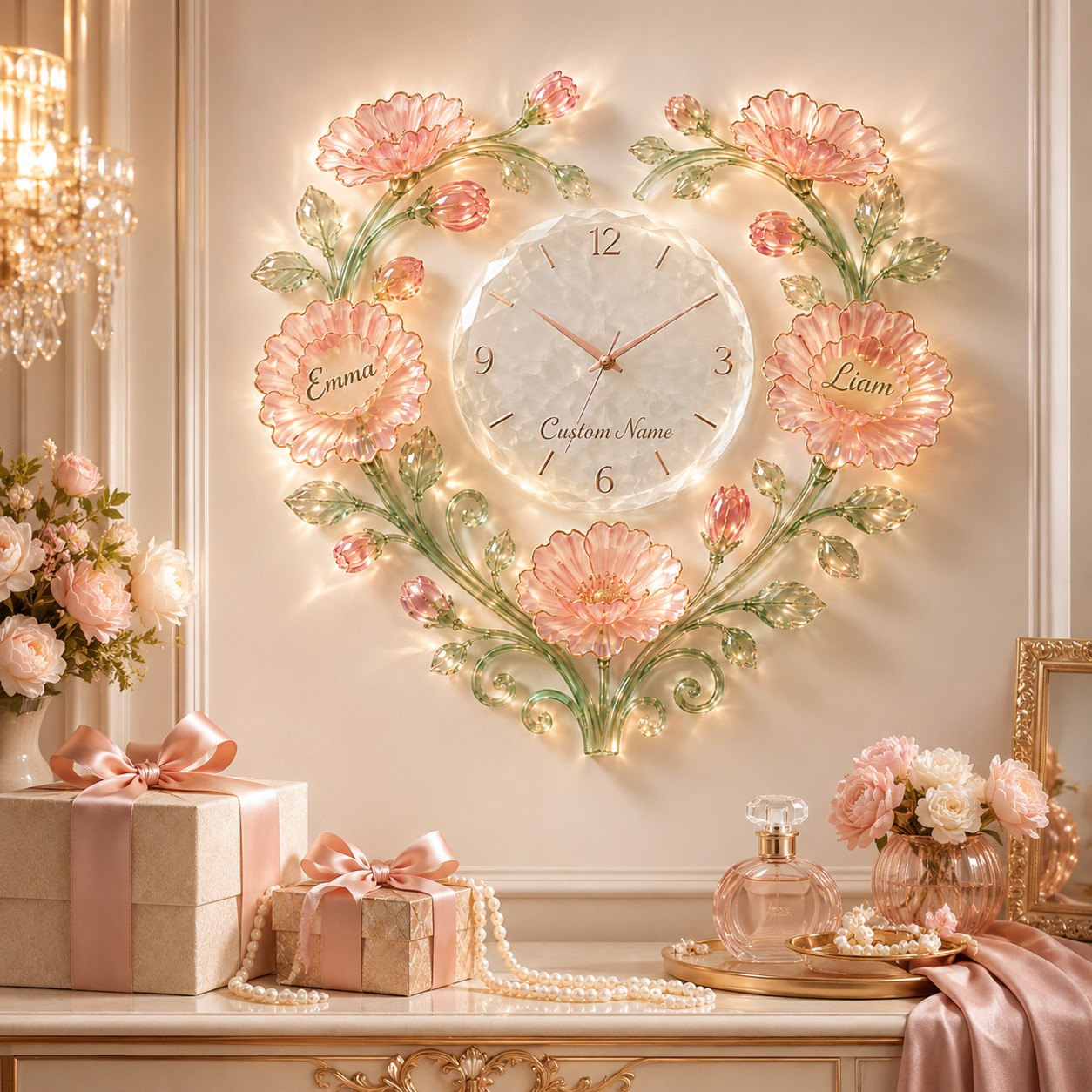Personalized Crystal Flower Wall Clock with Custom Name — personalized with a custom name