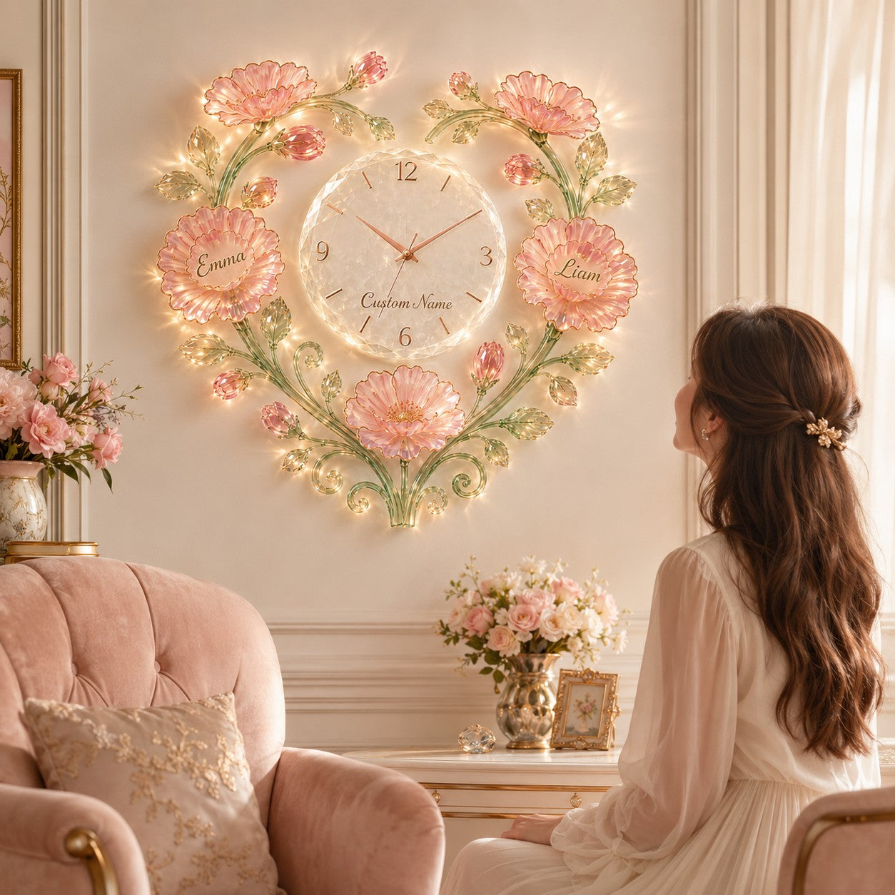 Personalized Crystal Flower Wall Clock with Custom Name — personalized with a custom name