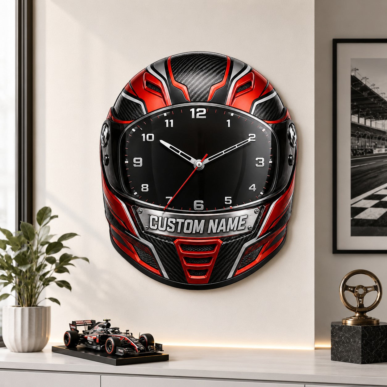 Personalized Racing Helmet Wall Clock with Custom Name — personalized with a custom name