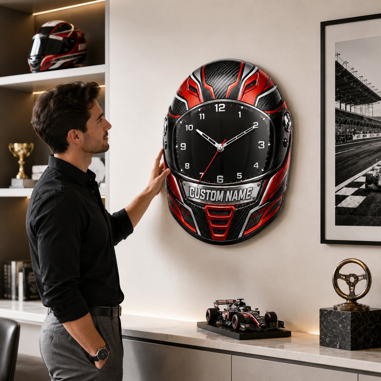 Personalized Racing Helmet Wall Clock with Custom Name — personalized with a custom name