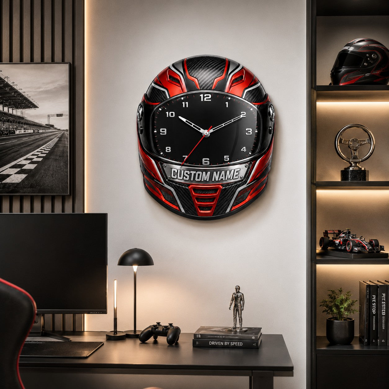 Personalized Racing Helmet Wall Clock with Custom Name — personalized with a custom name