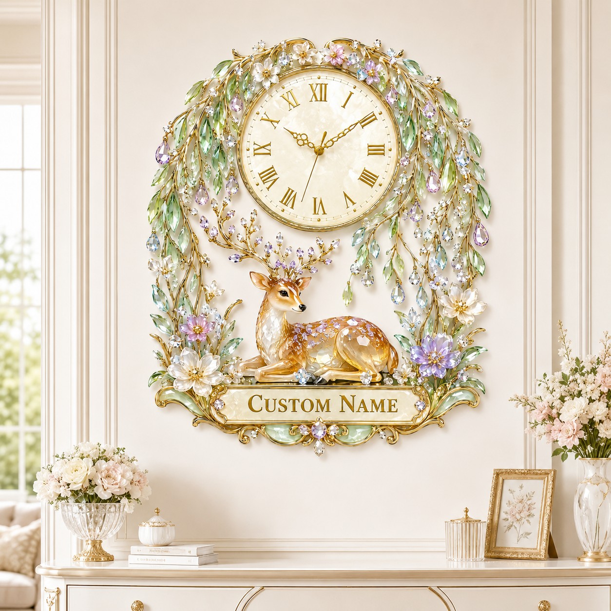 Personalized Willow Forest Deer Wall Clock with Custom Name — personalized with a custom name