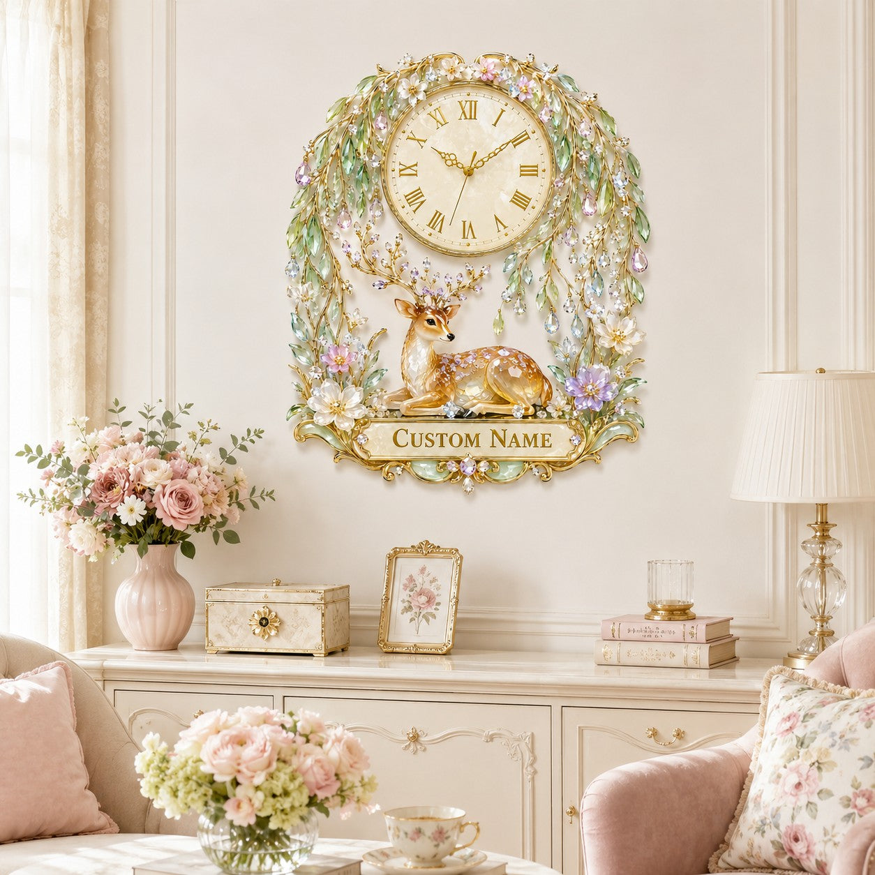 Personalized Willow Forest Deer Wall Clock with Custom Name — personalized with a custom name
