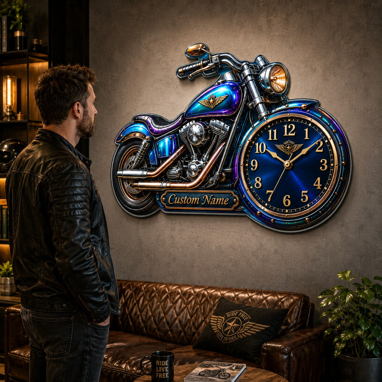 Personalized Motorcycle-shaped Wall Clock, Custom Name Gift for Bikers — personalized with a custom name