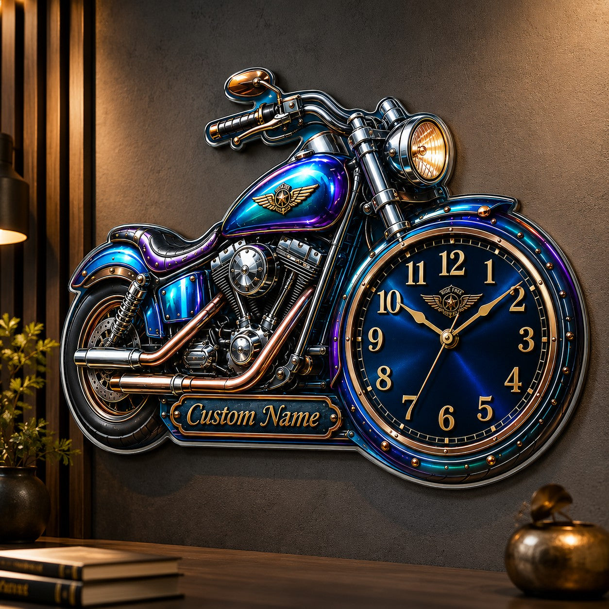 Personalized Motorcycle-shaped Wall Clock, Custom Name Gift for Bikers — personalized with a custom name