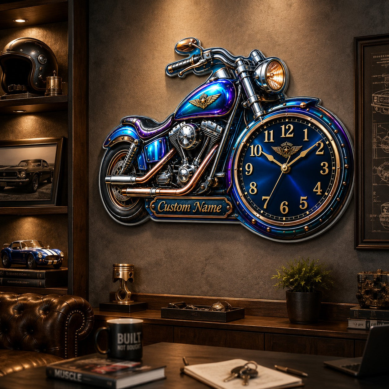 Personalized Motorcycle-shaped Wall Clock, Custom Name Gift for Bikers — personalized with a custom name