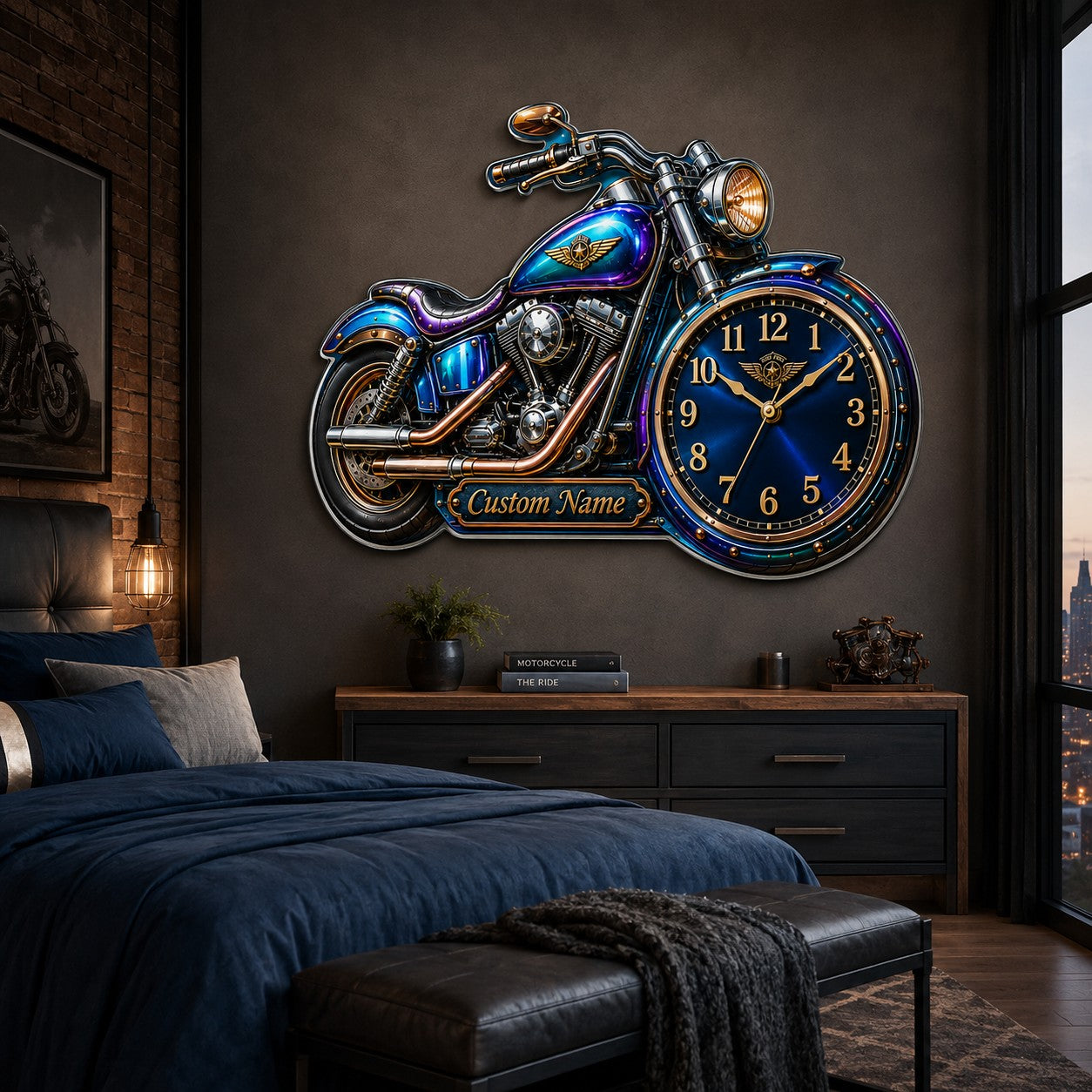 Personalized Motorcycle-shaped Wall Clock, Custom Name Gift for Bikers — personalized with a custom name