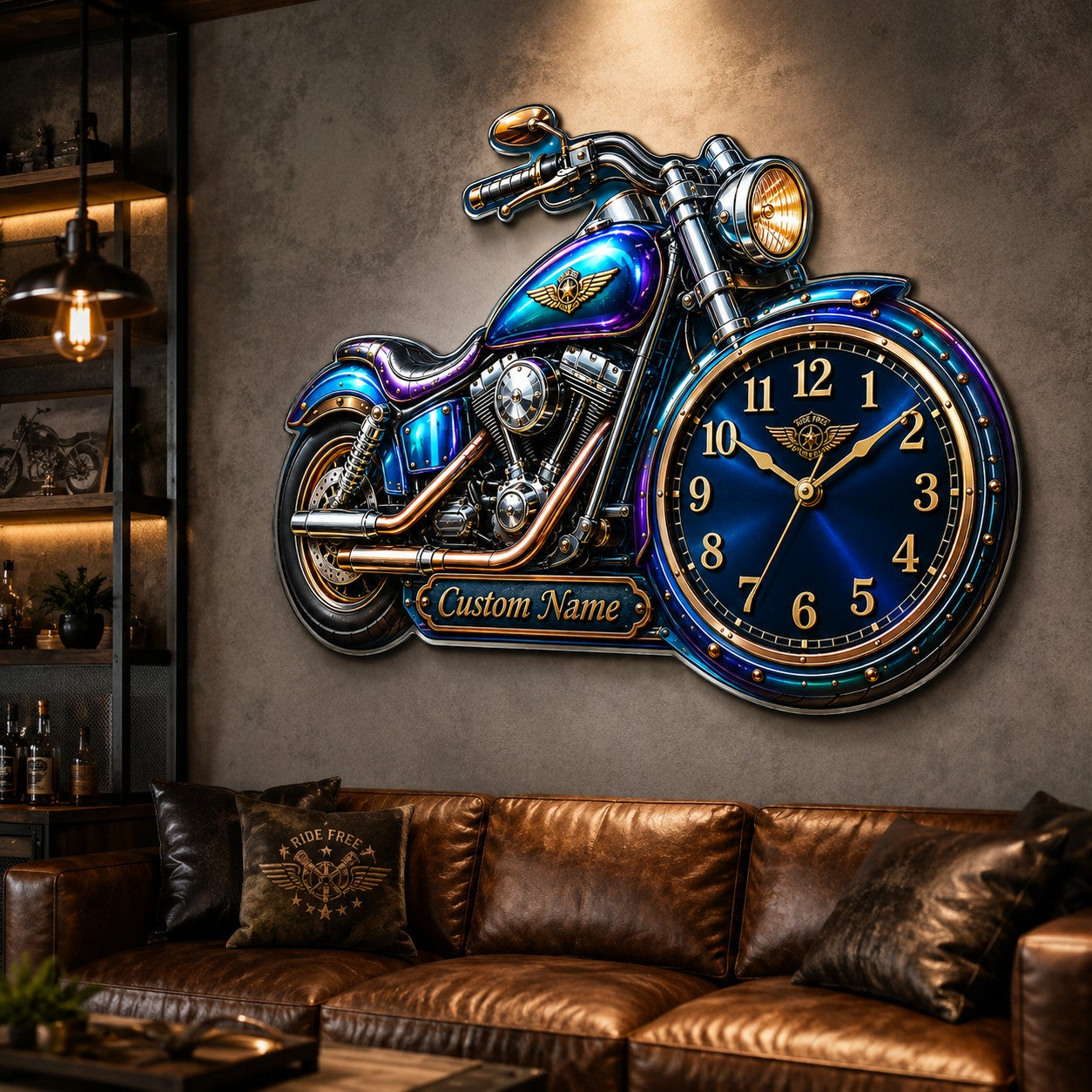 Personalized Motorcycle-shaped Wall Clock, Custom Name Gift for Bikers — personalized with a custom name