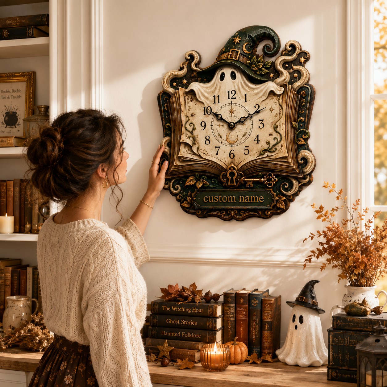 Personalized Witch Ghost Enchanted Book Wall Clock with Custom Name — personalized with a custom name