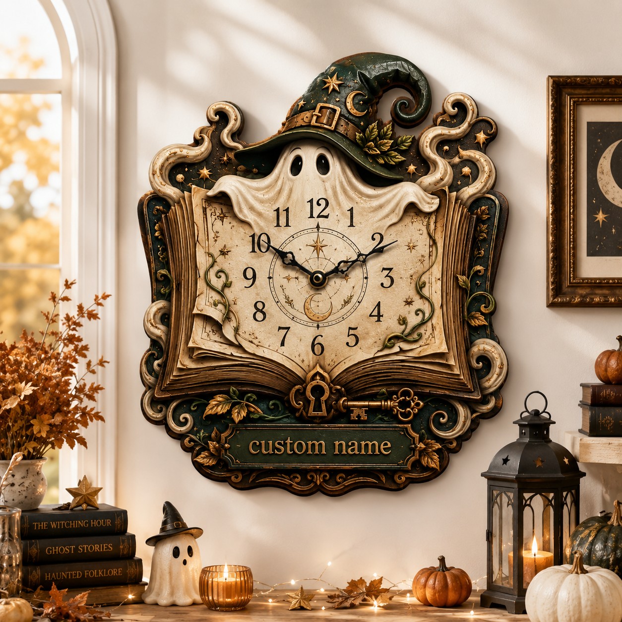 Personalized Witch Ghost Enchanted Book Wall Clock with Custom Name — personalized with a custom name