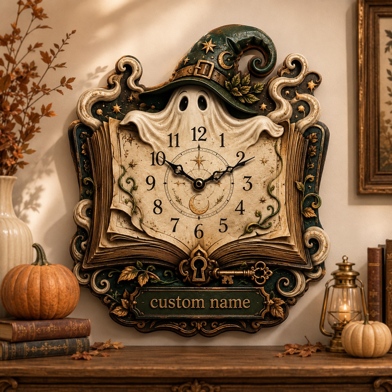 Personalized Witch Ghost Enchanted Book Wall Clock with Custom Name — personalized with a custom name