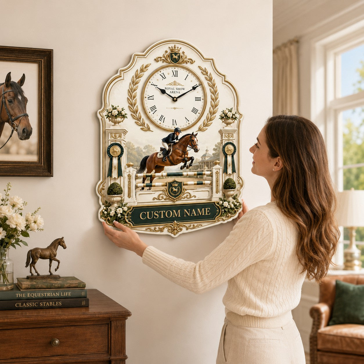 Personalized Royal Equestrian Wall Clock with Custom Name — personalized with a custom name