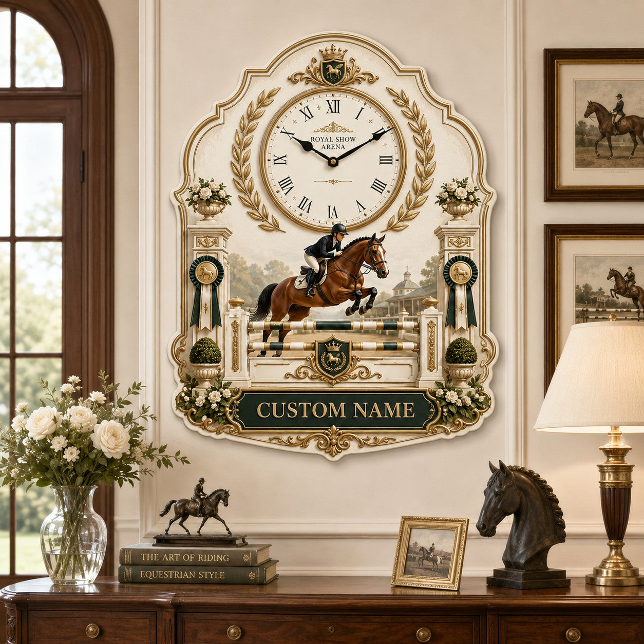 Personalized Royal Equestrian Wall Clock with Custom Name — personalized with a custom name