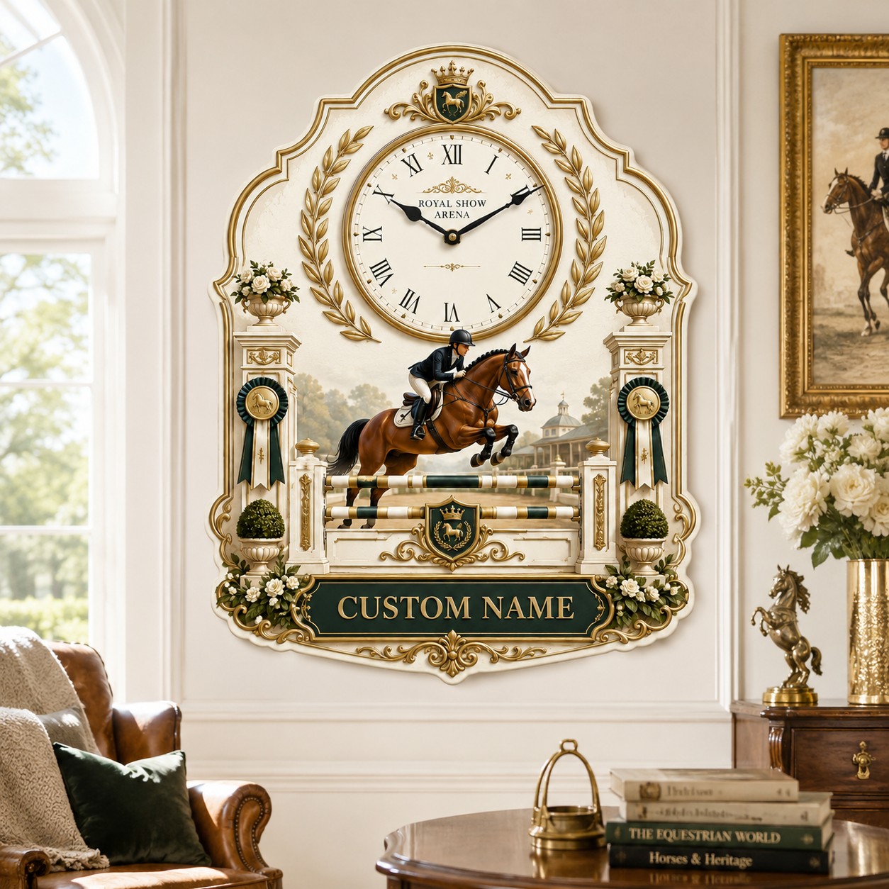 Personalized Royal Equestrian Wall Clock with Custom Name — personalized with a custom name