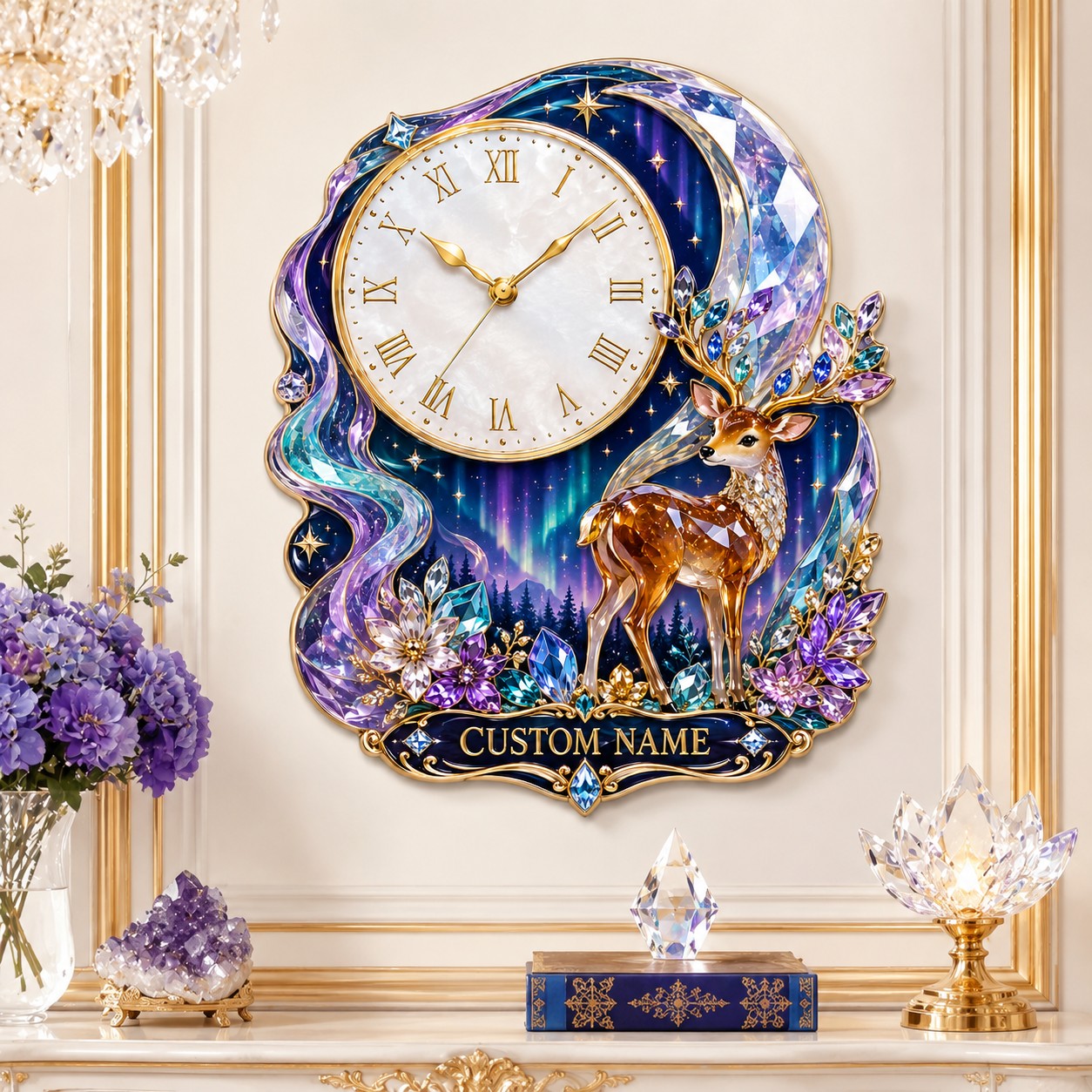 Personalized Aurora Deer and Crystal Moon Wall Clock with Custom Name — personalized with a custom name