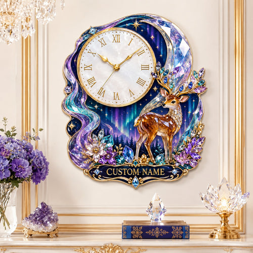 Personalized Aurora Deer and Crystal Moon Wall Clock with Custom Name — personalized with a custom name