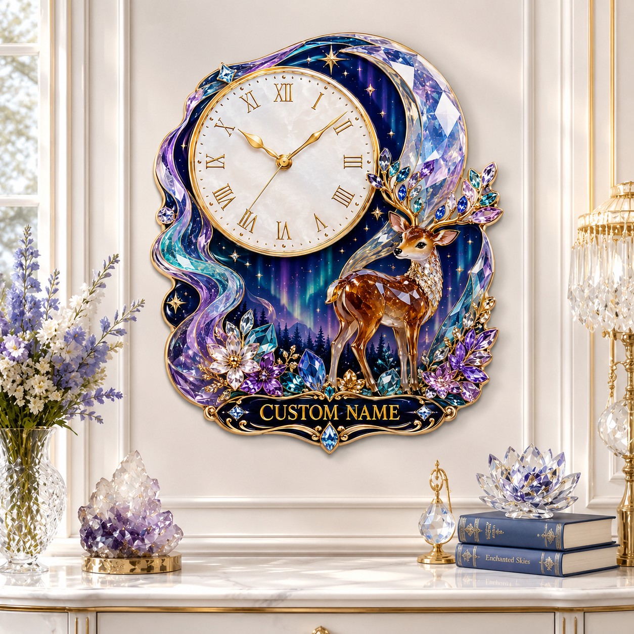 Personalized Aurora Deer and Crystal Moon Wall Clock with Custom Name — personalized with a custom name