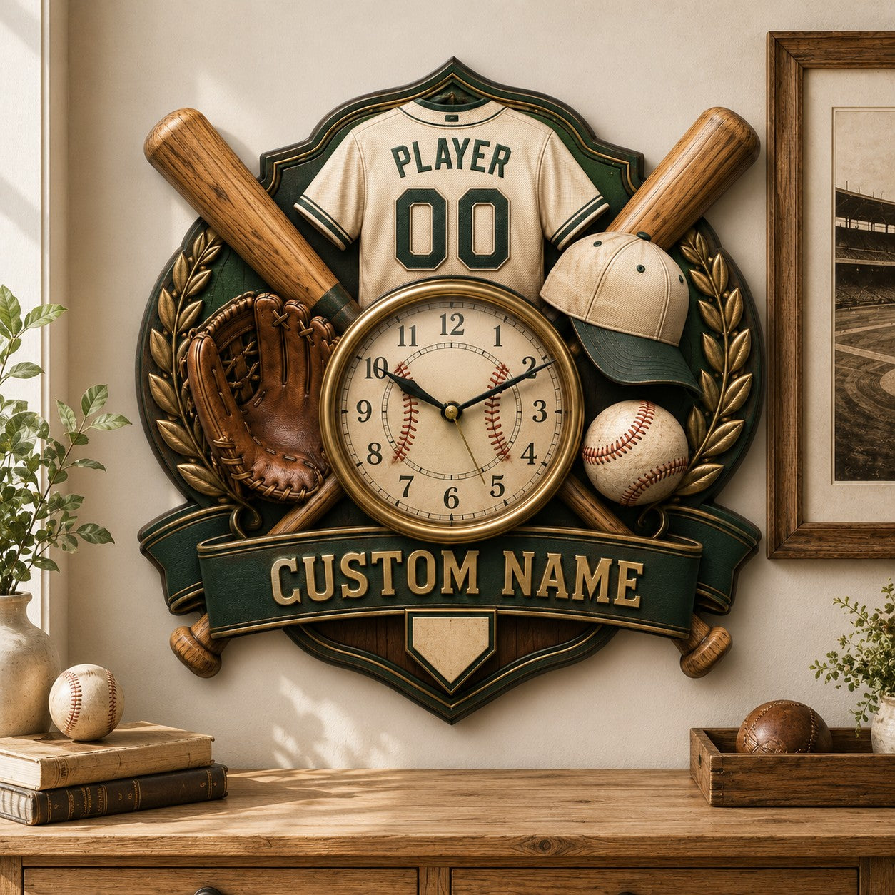 Personalized Baseball Player Wall Clock with Custom Name — personalized with a custom name