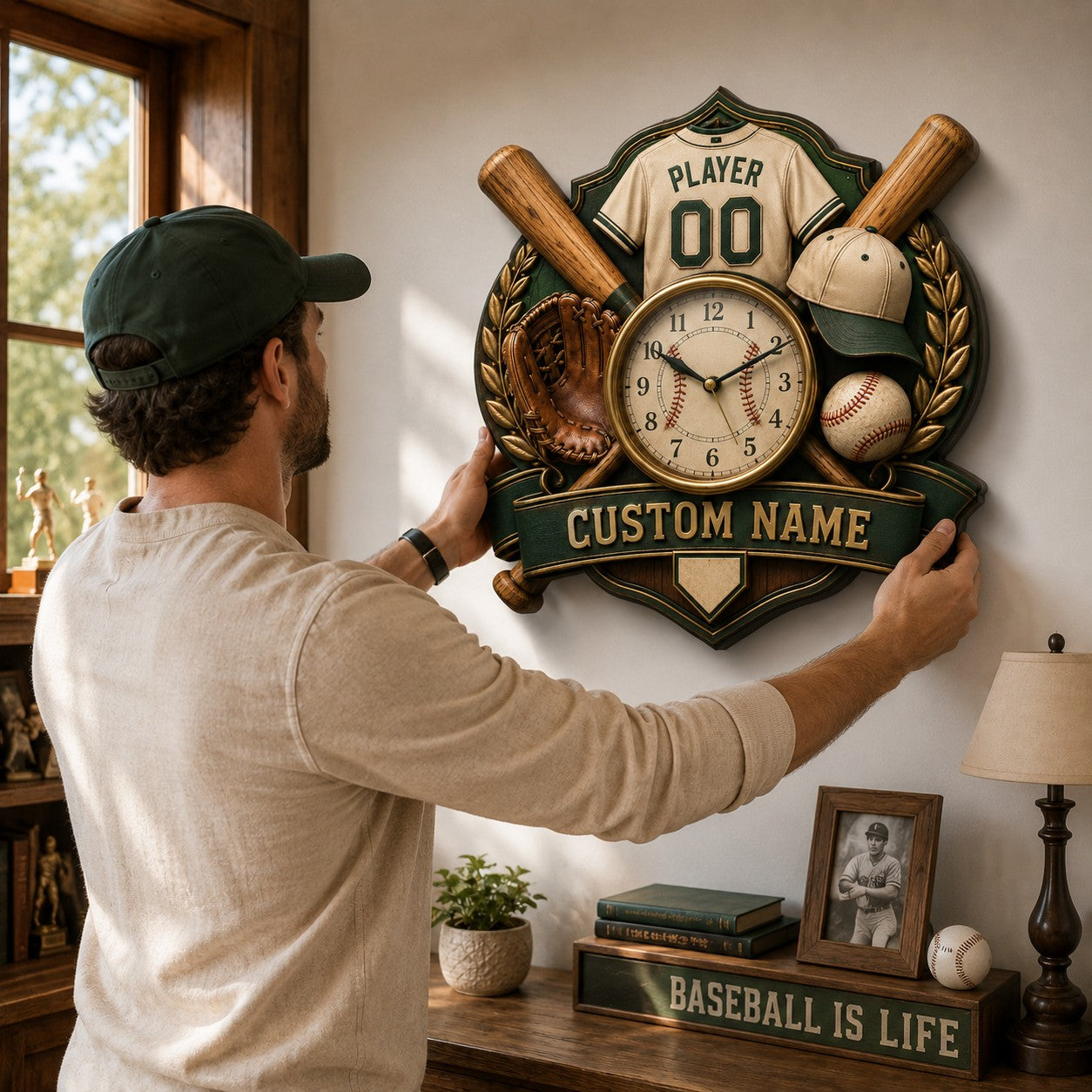 Personalized Baseball Player Wall Clock with Custom Name — personalized with a custom name