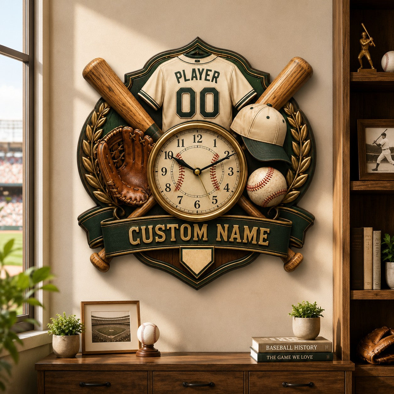 Personalized Baseball Player Wall Clock with Custom Name — personalized with a custom name