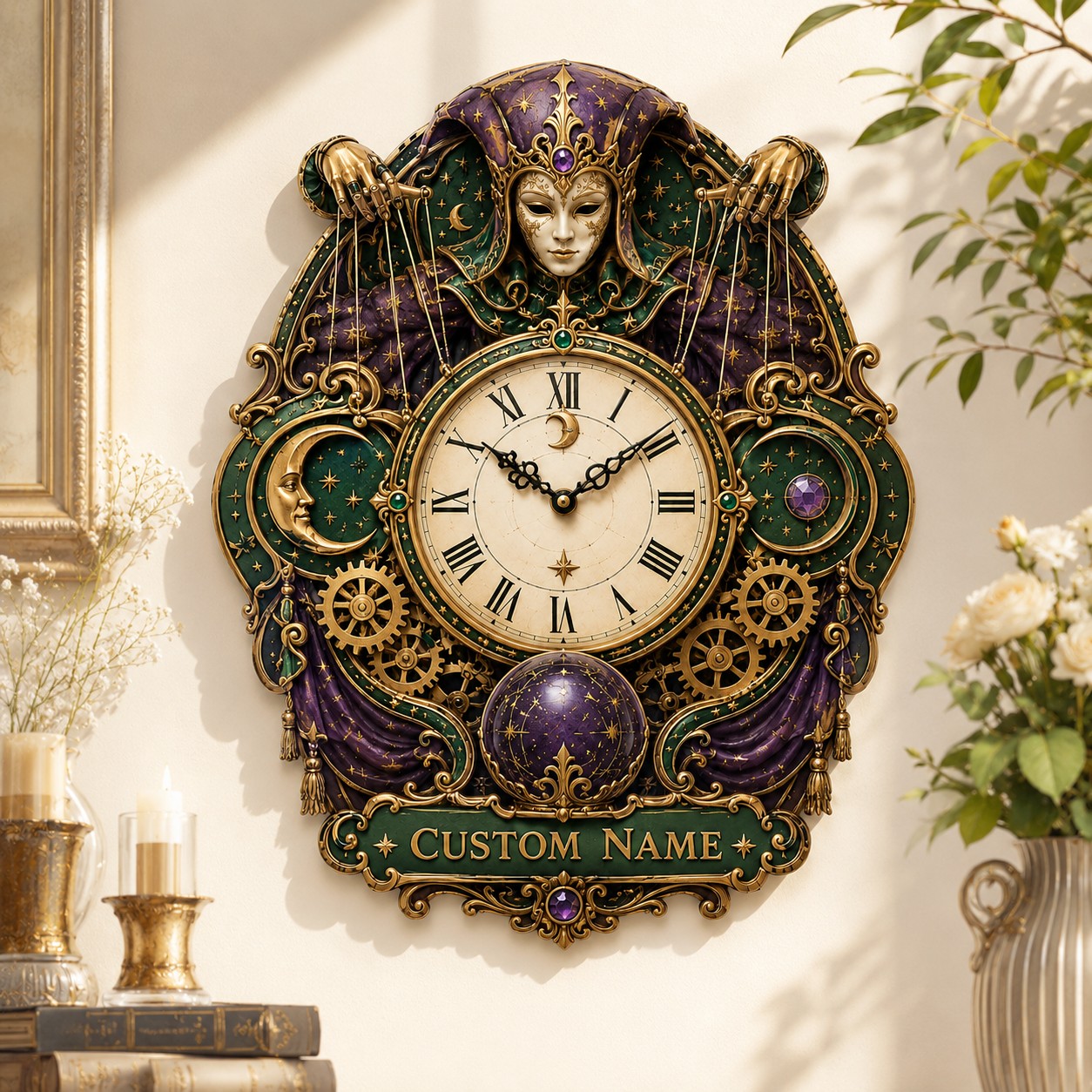 Personalized Celestial Jester Wall Clock with Custom Name — personalized with a custom name
