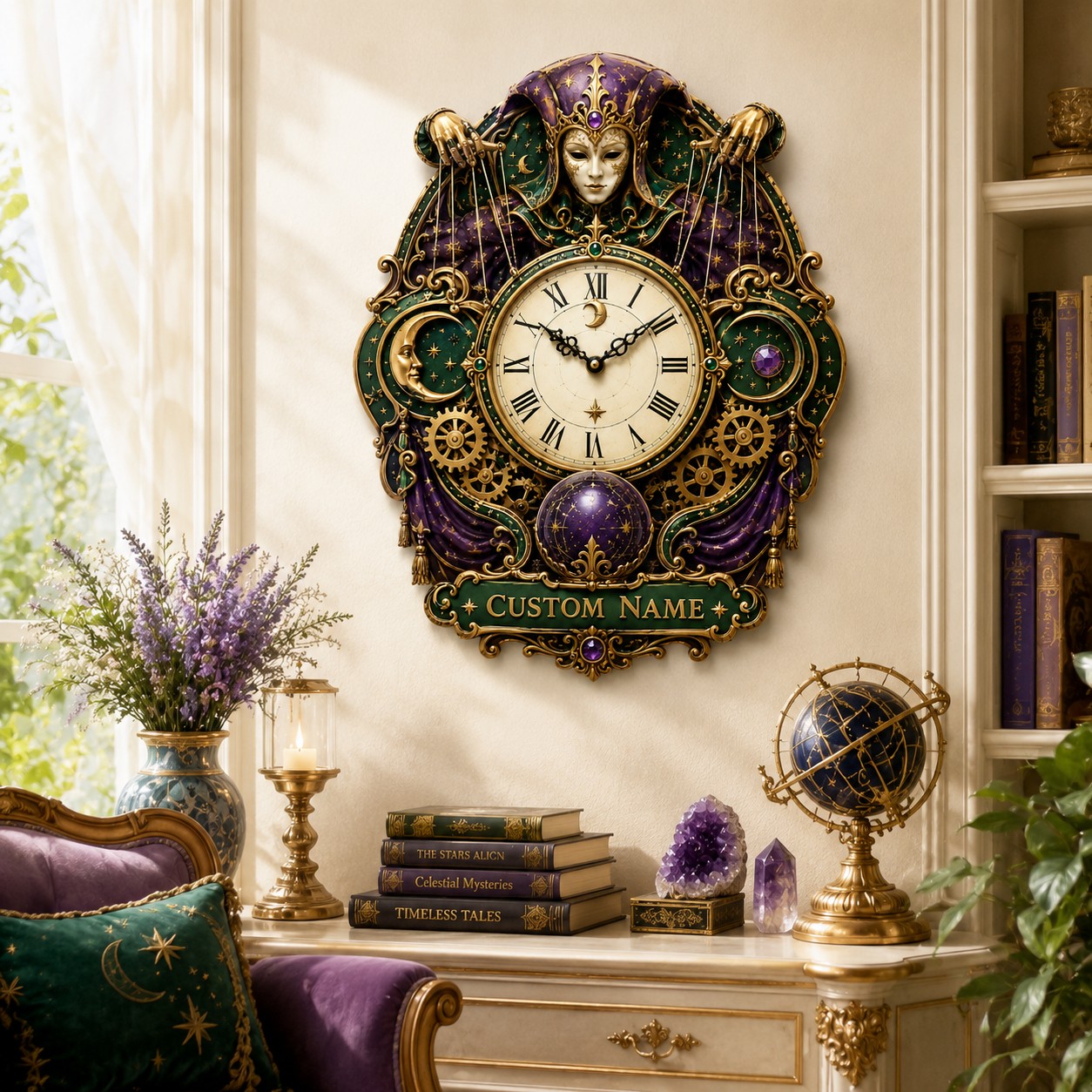 Personalized Celestial Jester Wall Clock with Custom Name — personalized with a custom name