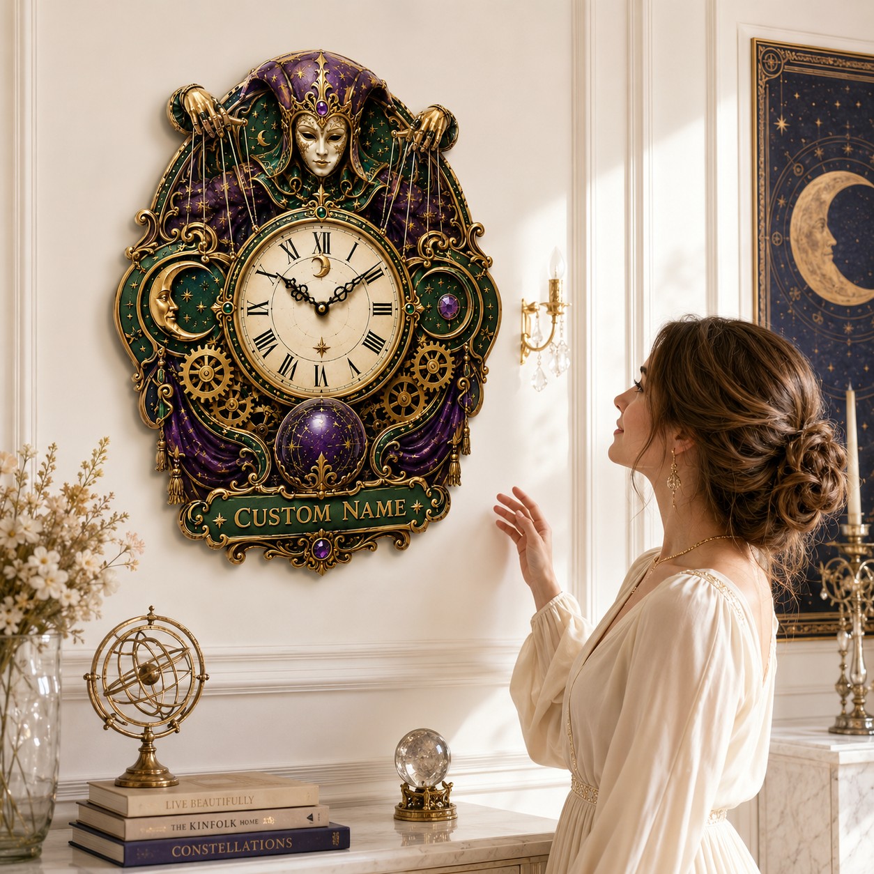 Personalized Celestial Jester Wall Clock with Custom Name — personalized with a custom name