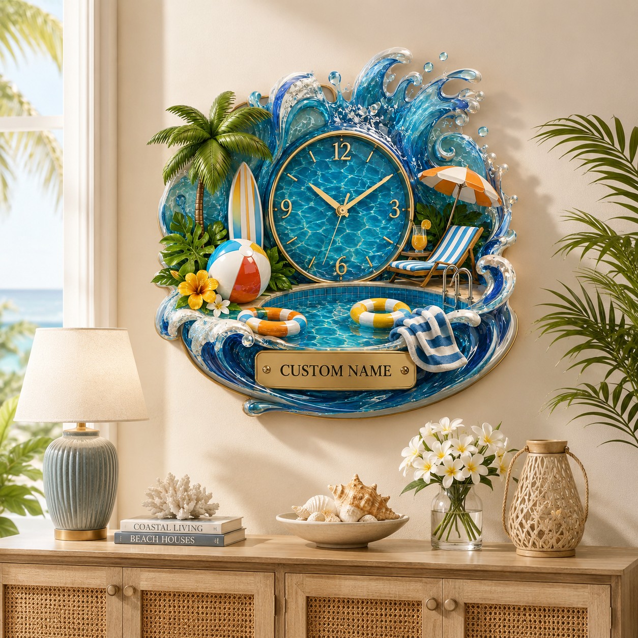 Personalized Pool House Wall Clock with Custom Name — personalized with a custom name
