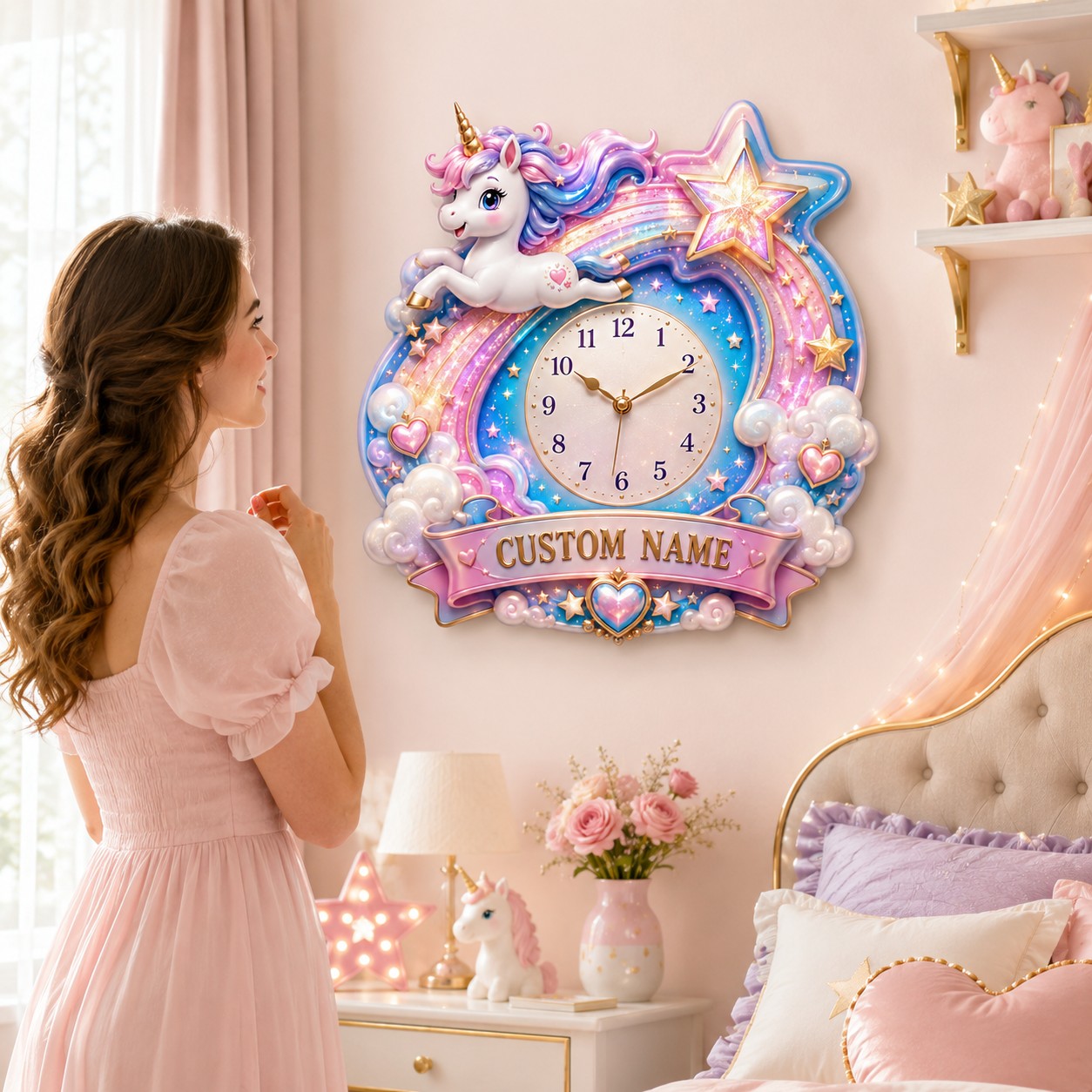 Personalized Shooting Star Unicorn Wall Clock with Custom Name — personalized with a custom name