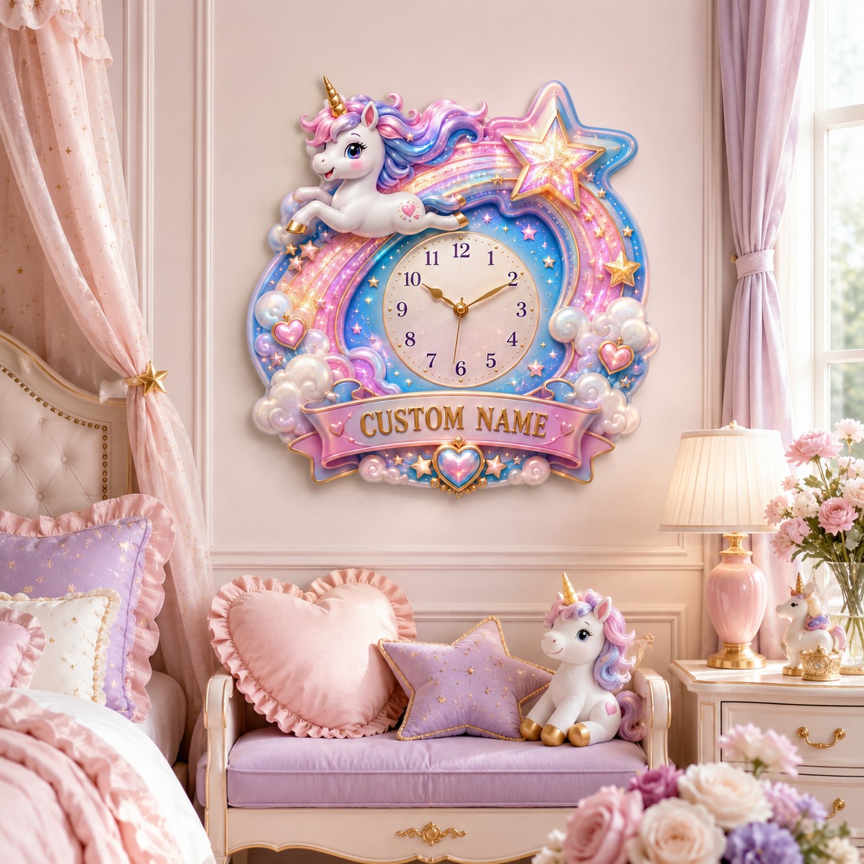 Personalized Shooting Star Unicorn Wall Clock with Custom Name — personalized with a custom name