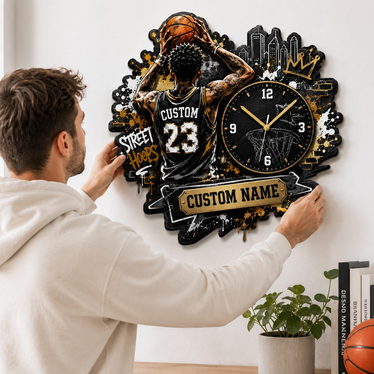 Personalized Urban Basketball Enthusiasts Wall Clock with Custom Name — personalized with a custom name