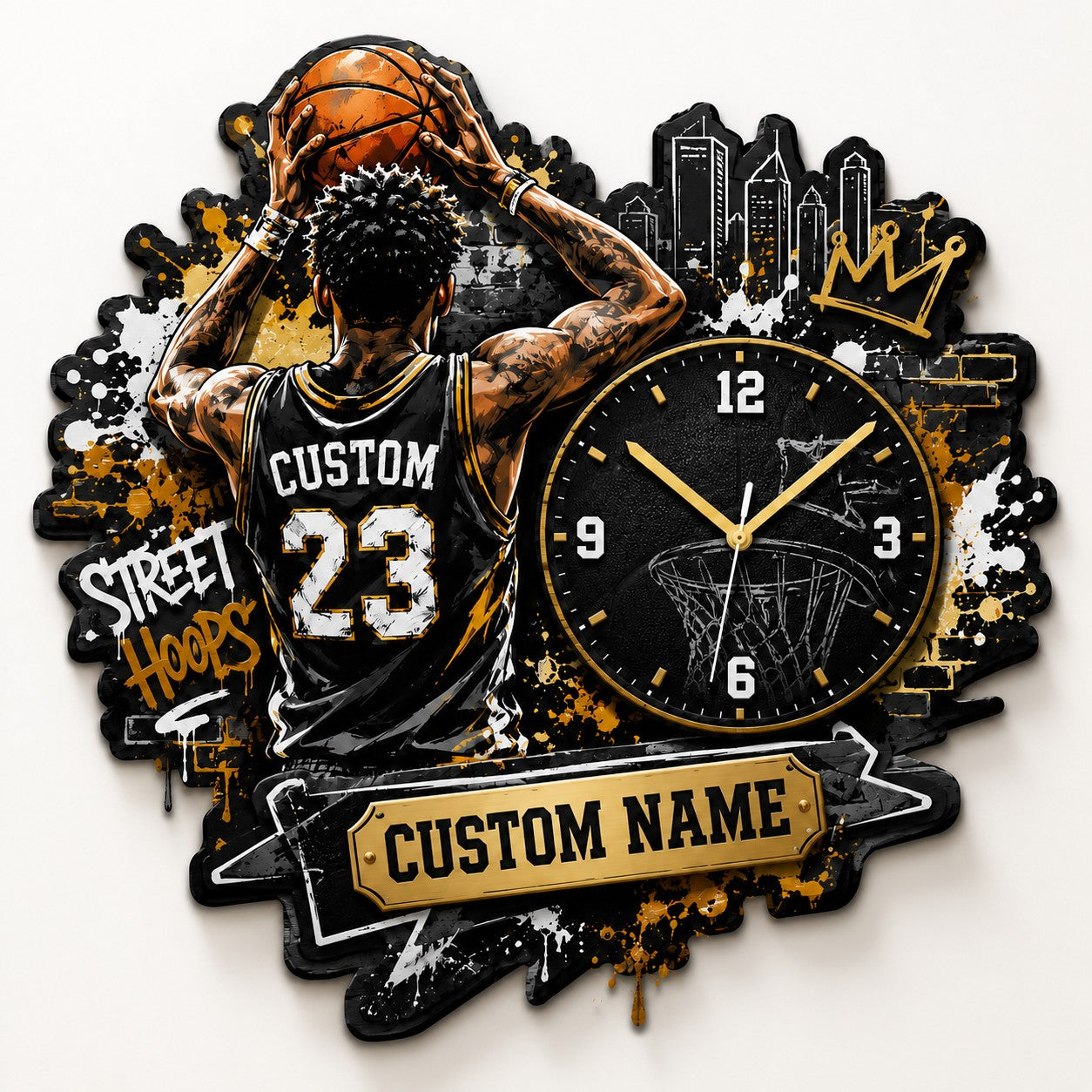 Personalized Urban Basketball Enthusiasts Wall Clock with Custom Name — personalized with a custom name