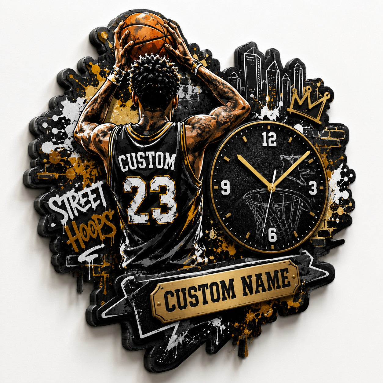 Personalized Urban Basketball Enthusiasts Wall Clock with Custom Name — personalized with a custom name