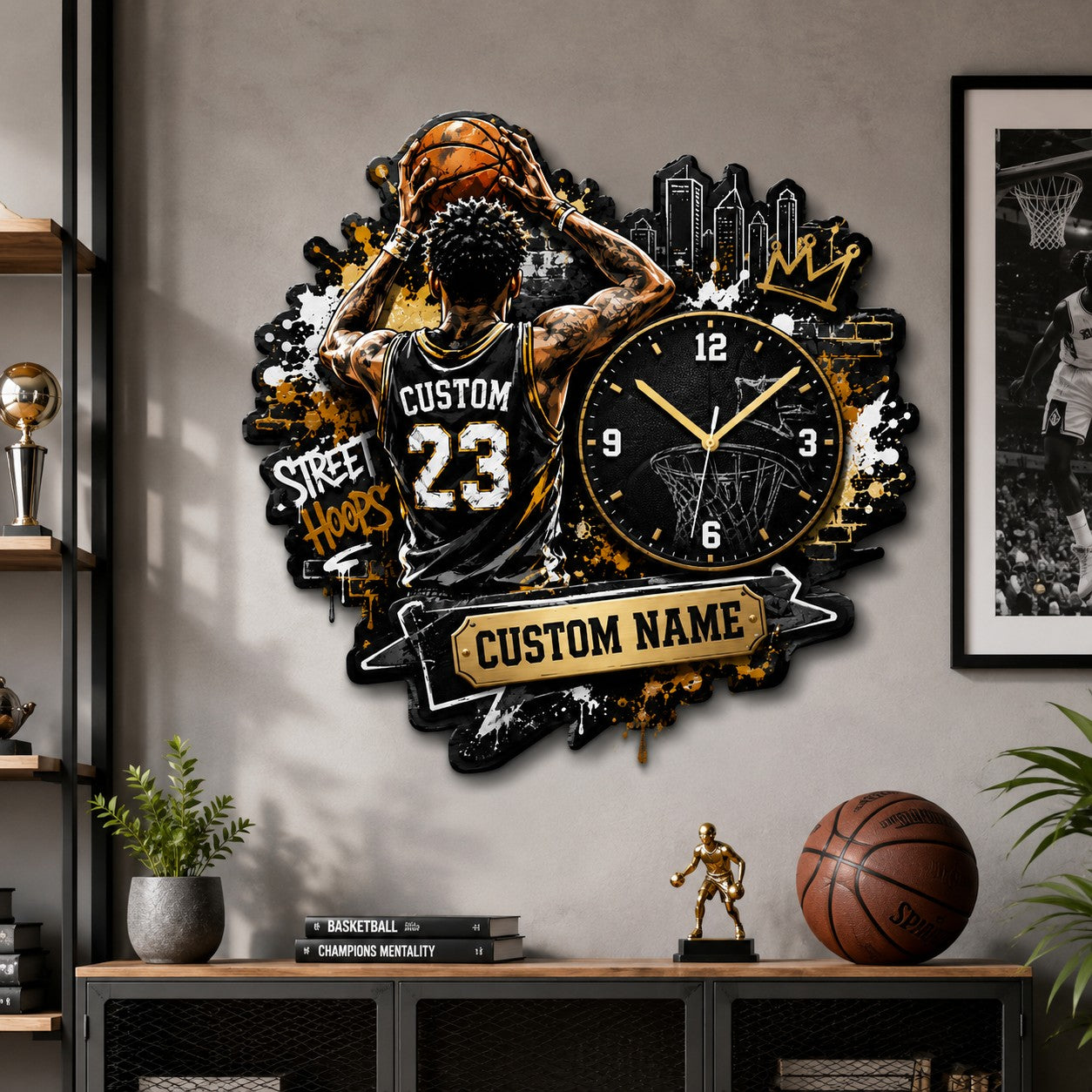Personalized Urban Basketball Enthusiasts Wall Clock with Custom Name — personalized with a custom name