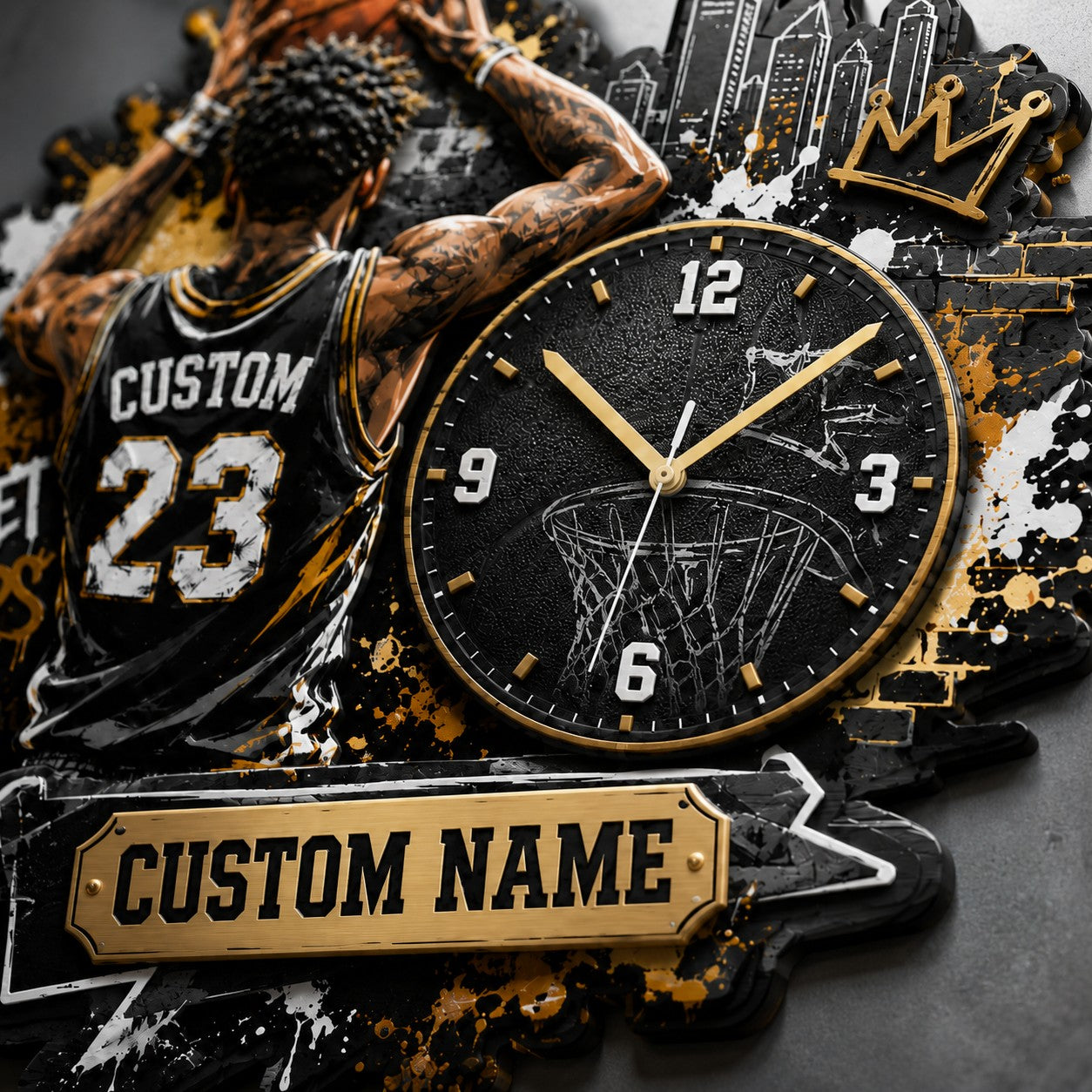 Personalized Urban Basketball Enthusiasts Wall Clock with Custom Name — personalized with a custom name
