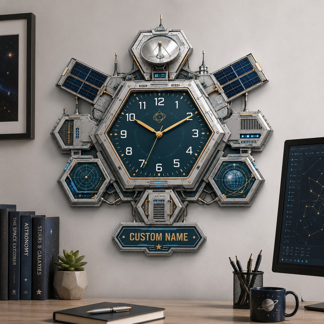 Personalized Hexagon Satellite Wall Clock with Custom Name — personalized with a custom name