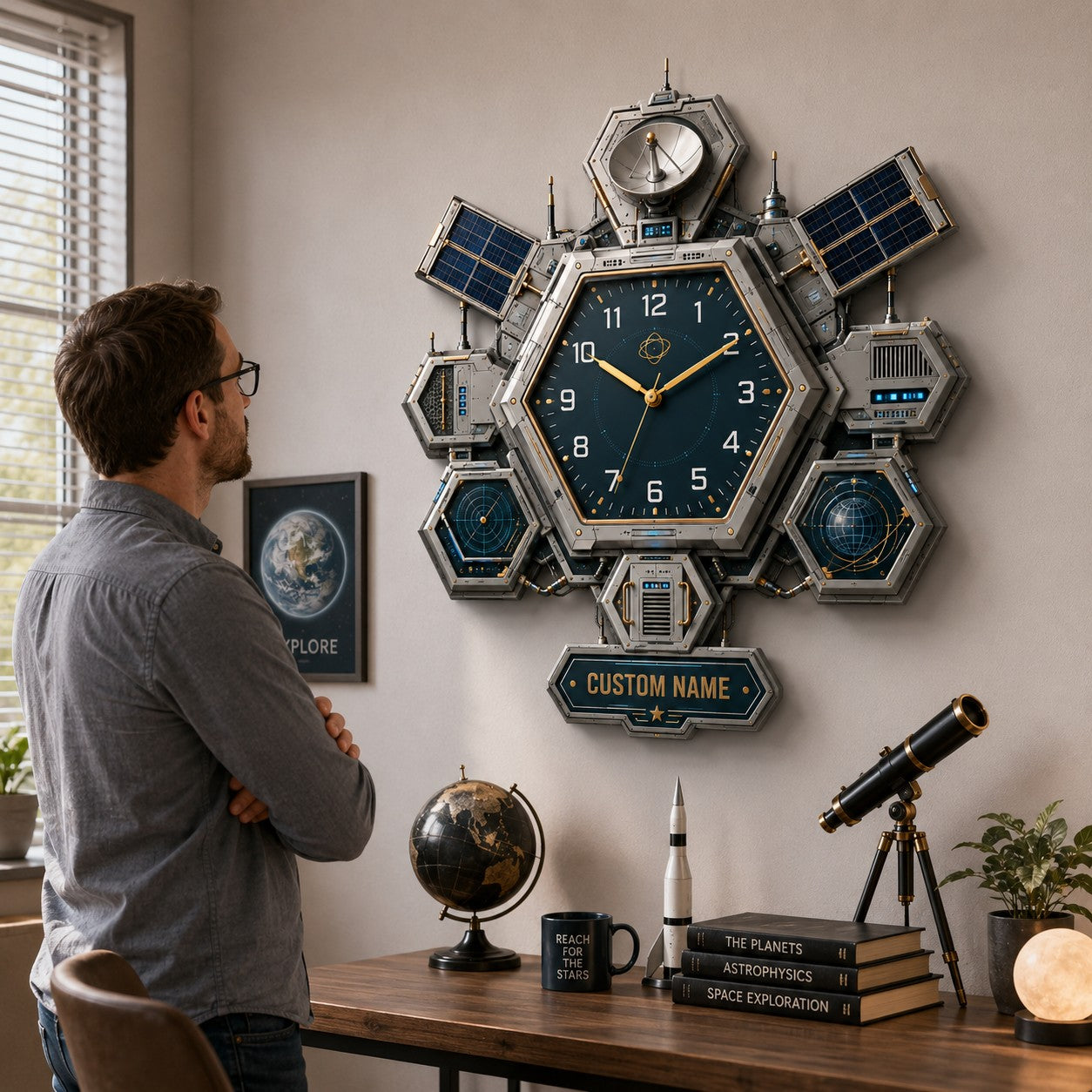 Personalized Hexagon Satellite Wall Clock with Custom Name — personalized with a custom name
