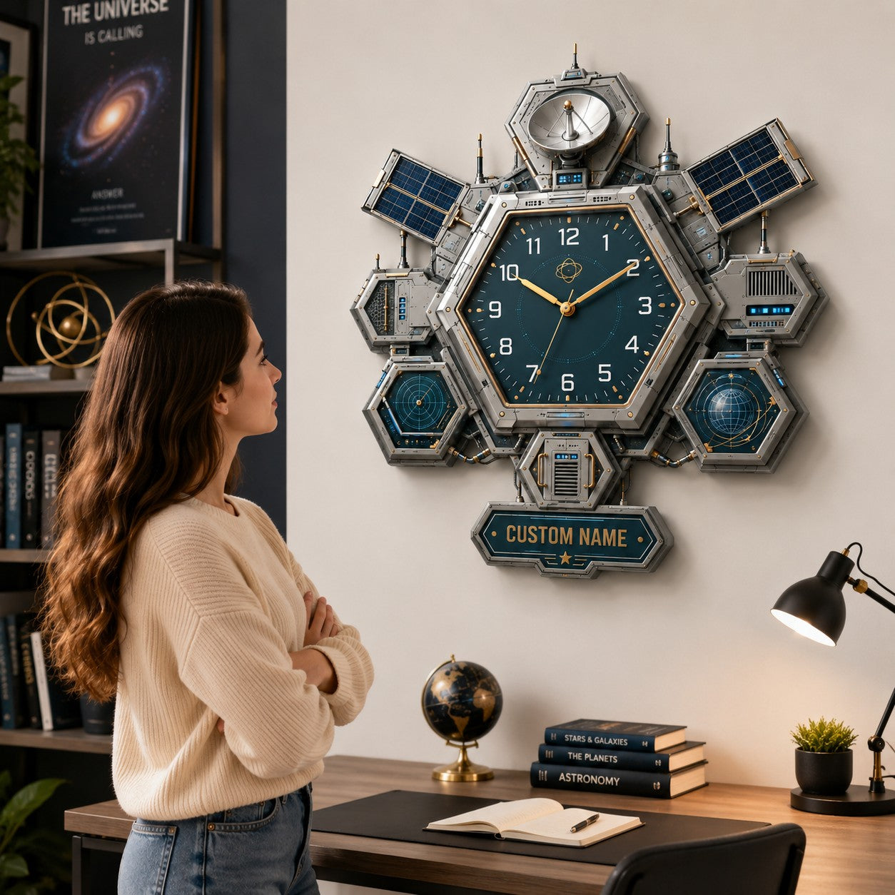 Personalized Hexagon Satellite Wall Clock with Custom Name — personalized with a custom name