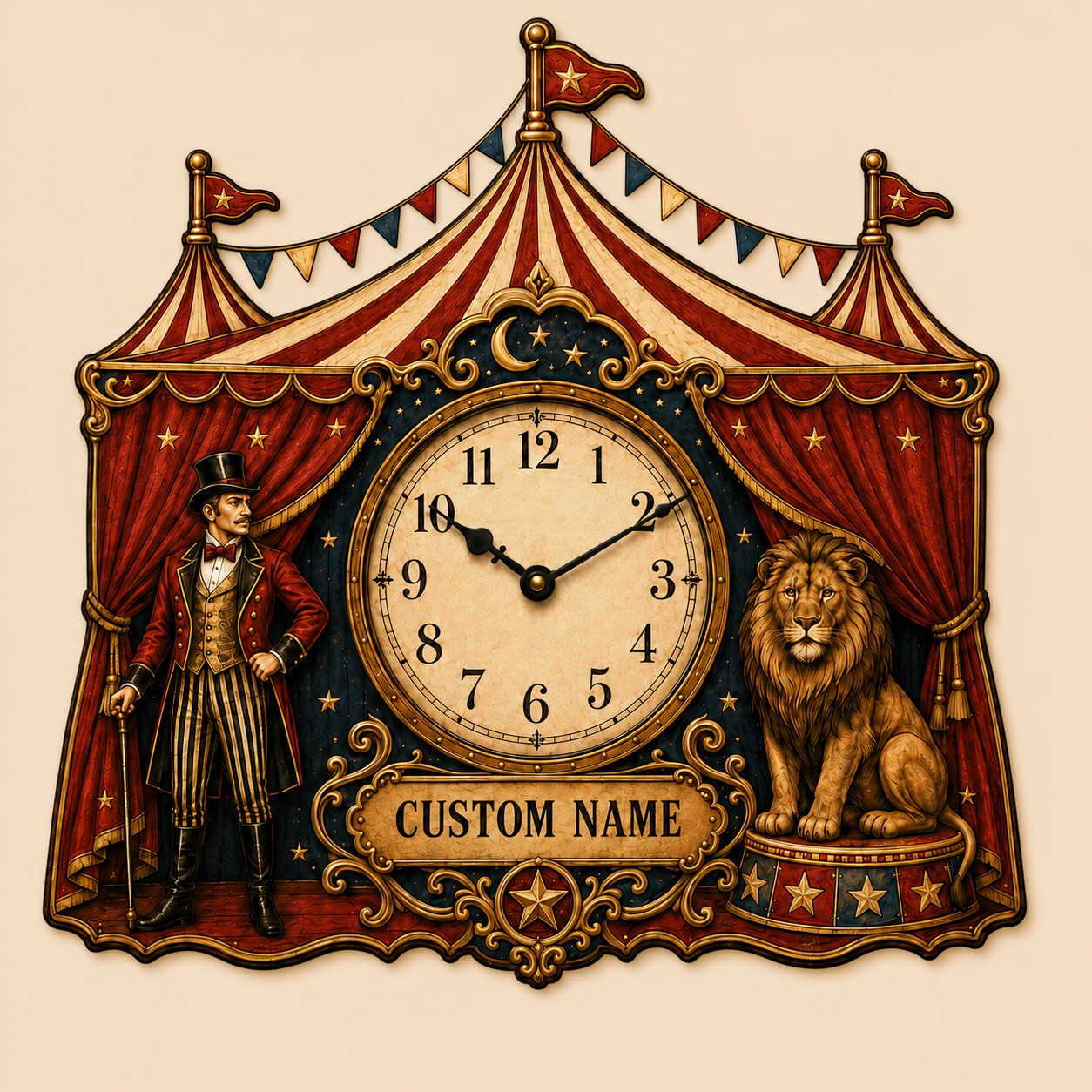 Circus tent Custom Name Wall Clock — personalized with a custom name
