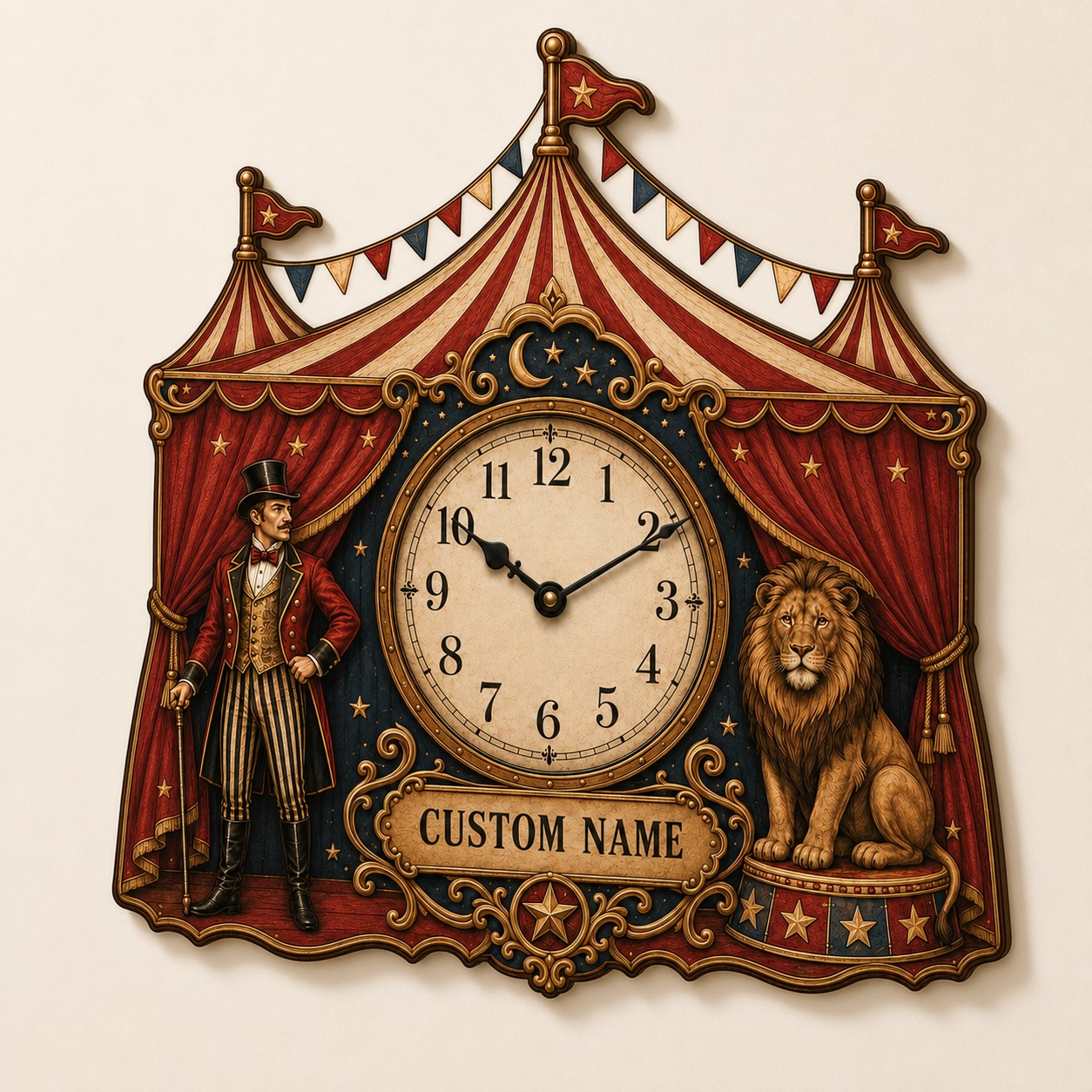 Circus tent Custom Name Wall Clock — personalized with a custom name