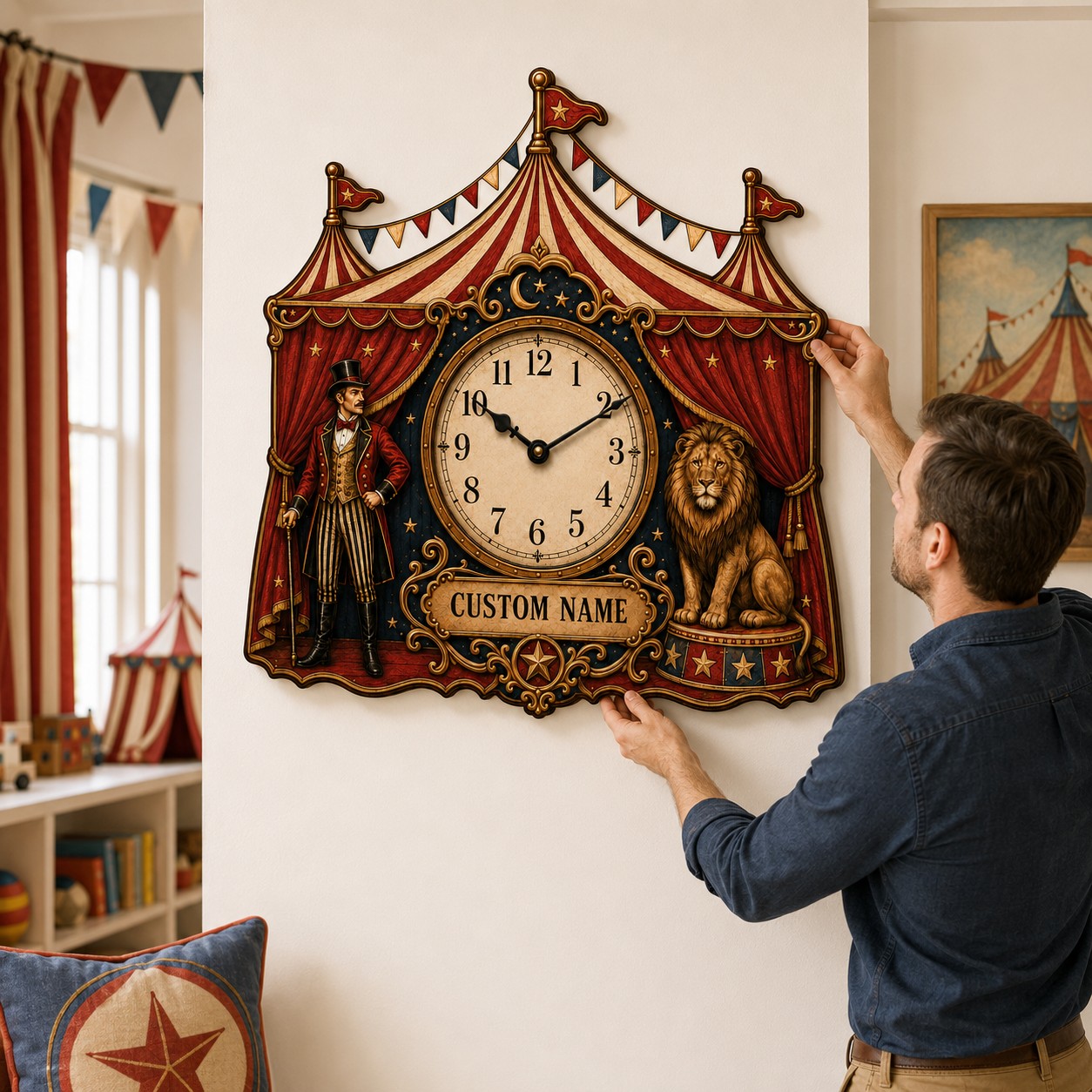 Circus tent Custom Name Wall Clock — personalized with a custom name