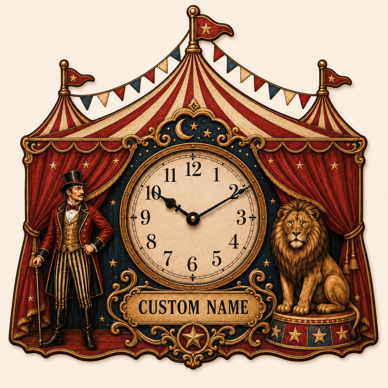 Circus tent Custom Name Wall Clock — personalized with a custom name